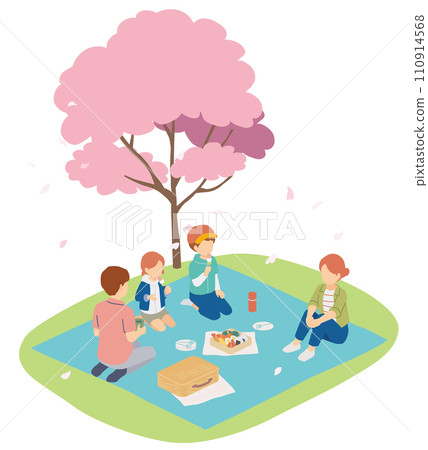 一家人欣賞櫻花的等距插圖 110914568