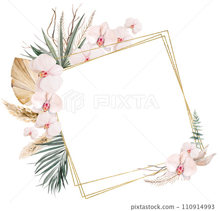 Watercolor frame with beige and green tropical leaves and flowers, Boho Wedding illustration Watercolor frame with beige and green tropical leaves and flowers, Boho Wedding illustration 110914993