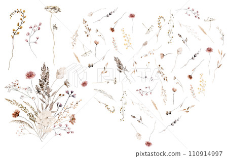 Heart and bouquet made with watercolor autumn wild flowers and leaves, Brown and beige wedding illustration 110914997