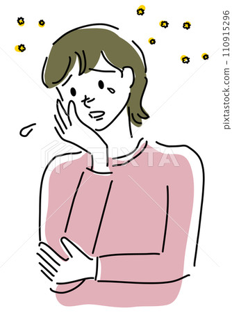 A simple line drawing of a woman suffering from hay fever A simple line drawing of a woman suffering from hay fever 110915296