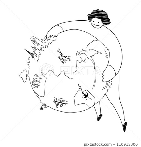 Line drawing illustration of a person holding a large earth, black and white 110915300