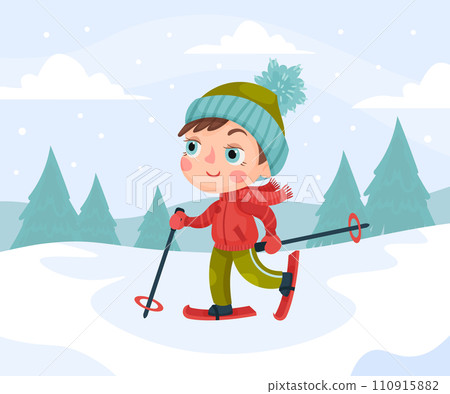 Happy Boy Character Ski Outdoor Do Sport Vector Illustration 110915882