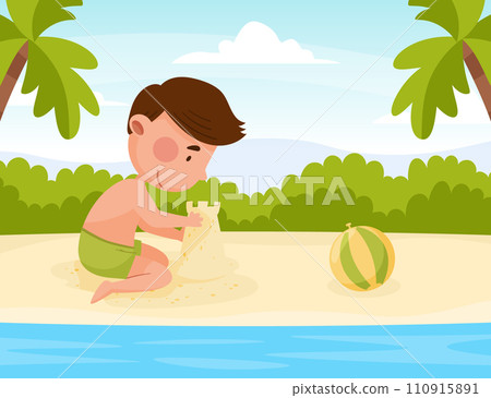 Happy Boy Character at Sea Build Sand Castle Enjoy Beach Vacation Vector Illustration 110915891