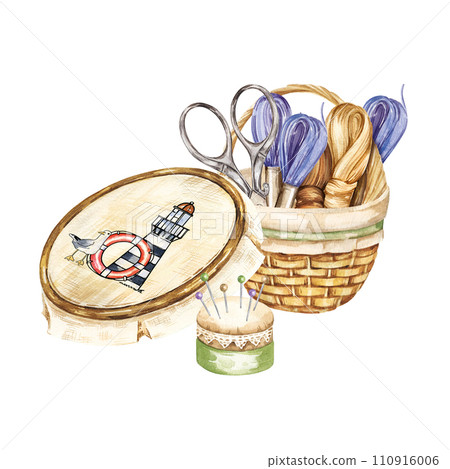 watercolor composition with embroidery tools, hand drawn sketch of handiwork with needlework basket, scissors, flosses, yarn, pincushion, embroidery frame with picture, isolated on white background 110916006