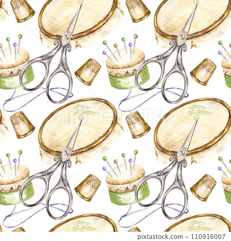 watercolor seamless pattern with embroidery tools, hand drawn sketch of handiwork with scissors, flosses, yarn, pins, thimble, pincushion, embroidery frame, skein of thread isolated, white background 110916007