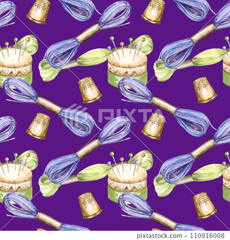 watercolor seamless pattern of embroidery theme, hand drawn sketch of handiwork with flosses, yarn, pins, thimble, pincushion, embroidery tools, skein of thread on violet background watercolor seamless pattern of embroidery theme, hand drawn sketch of handiwork with flosses, yarn, pins, thimble, pincushion, embroidery tools, skein of thread on violet background 110916008