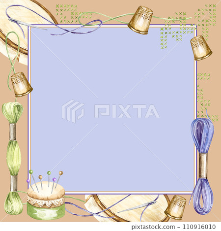 watercolor lilac frame with hand made tools, hand drawn sketch of embroidery, handiwork with flosses, yarn, pins, thimble, pincushion, embroidery frame, skein of thread on pastel brown background 110916010