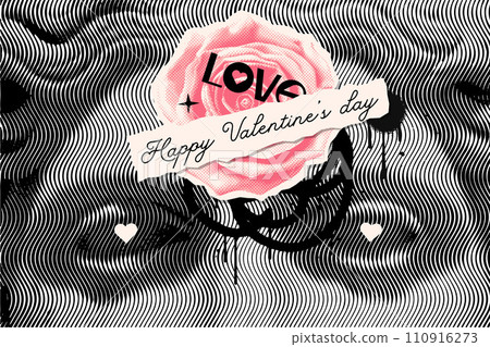 Halftone collage with antique statue in punk grunge style. Modern vector poster with paper torn out elements - rose, love note, graffiti brush strokes. Concept of relationship, valentine day. Vector Halftone collage with antique statue in punk grunge style. Modern vector poster with paper torn out elements - rose, love note, graffiti brush strokes. Concept of relationship, valentine day. Vector 110916273