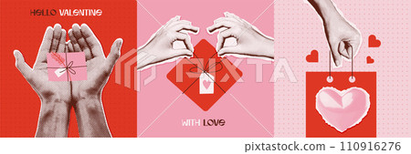 Happy Valentine s day trendy vintage cards set. Hands holding and giving gifts. Contemporary art halftone collage for Valentine's Day. Vector illustration. Modern design with cut out halftone arms Happy Valentine s day trendy vintage cards set. Hands holding and giving gifts. Contemporary art halftone collage for Valentine's Day. Vector illustration. Modern design with cut out halftone arms 110916276