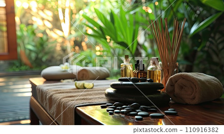 Soothing Spa Setting with Oils and Incense 110916382