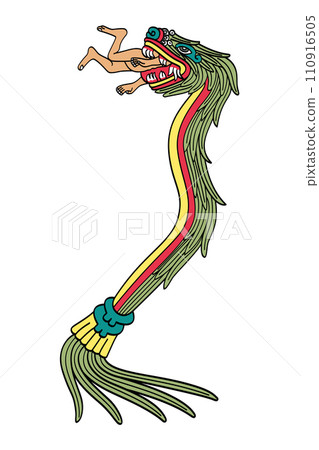 Quetzalcoatl devours a human. Aztec god of life, light and wisdom, lord of day and winds, as depicted in Codex Borbonicus. Plumed serpent, a supernatural entity, called Kukulkan or Tohil by the Maya. Quetzalcoatl devours a human. Aztec god of life, light and wisdom, lord of day and winds, as depicted in Codex Borbonicus. Plumed serpent, a supernatural entity, called Kukulkan or Tohil by the Maya. 110916505