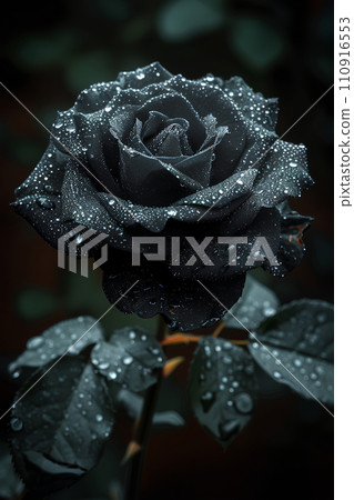 Close-up shot of a rose, light and shadow make The details of the petals and leaves are clearly shown. The composition of images on a black background makes this rose look outstanding and beautiful. Close-up shot of a rose, light and shadow make The details of the petals and leaves are clearly shown. The composition of images on a black background makes this rose look outstanding and beautiful. 110916553
