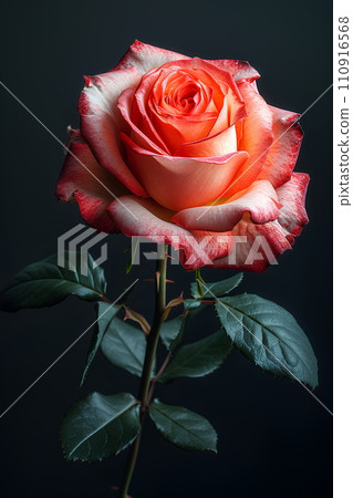 Close-up shot of a rose, light and shadow make The details of the petals and leaves are clearly shown. The composition of images on a black background makes this rose look outstanding and beautiful. Close-up shot of a rose, light and shadow make The details of the petals and leaves are clearly shown. The composition of images on a black background makes this rose look outstanding and beautiful. 110916568