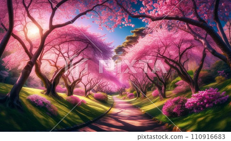 Cherry blossom park bathed in the morning sun 110916683