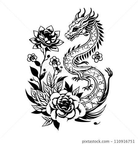 chinese dragon flower illustration sketch hand draw  110916751