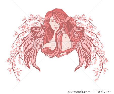 winged angel woman among cherry blossom pink and white vector portrait 110917038