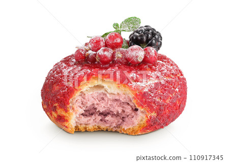 Cake shu eclairs with berries and red crumble isolated on white background Cake shu eclairs with berries and red crumble isolated on white background 110917345