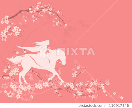 spring flower branches and fairy tale princess riding horse vector background 110917346