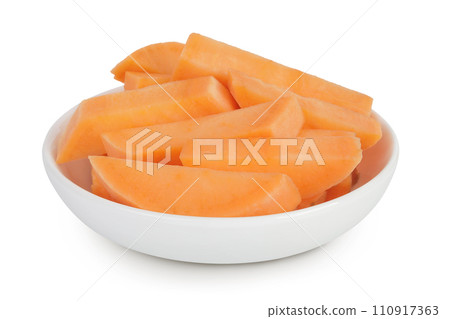 Sweet potato slices in a ceramic bowl isolated on white background with full depth of field 110917363