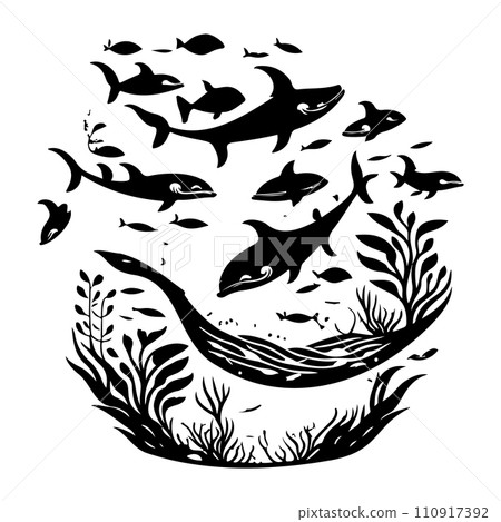 ocean whale underwater coral illustration sketch hand draw  110917392
