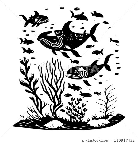 ocean whale underwater coral illustration sketch hand draw  110917432