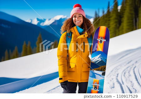 An attractive young skier with curly hair and a happy smile poses with a snowboard in her hands against the background of mountains on a sunny frosty day at a ski resort 110917529