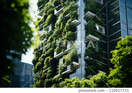 Sustainable green building in modern city. Green architecture. Eco-friendly building. Sustainable building with vertical garden reduce CO2. Futuristic building. Net zero emissions. Generative AI. 110917731