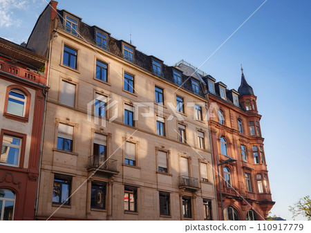 spring trip to Europe. beautiful old German cities, Travel and German sightseeing locations. scenic view to facade of old historic houses somewhere in Frankfurt city 110917779
