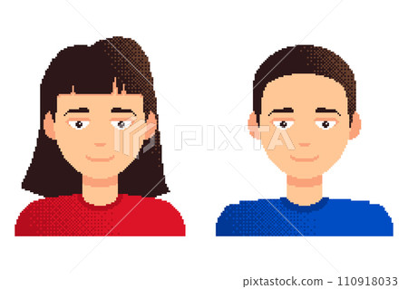 Woman and man pixel art characters. Young boy and girl avatar set, portrait and profile picture. Retro 8-bit style design game asset. Isolated vector illustration. Woman and man pixel art characters. Young boy and girl avatar set, portrait and profile picture. Retro 8-bit style design game asset. Isolated vector illustration. 110918033