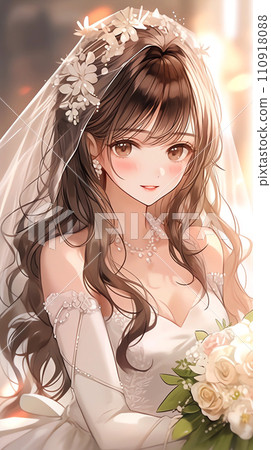 手绘动漫唯美的穿婚纱的漂亮女孩插画 110918088