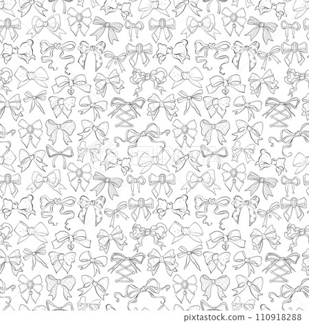 Monochromatic seamless pattern featuring hand-drawn doodle bow ties in various styles and shapes on a white background. Suitable for stylish and elegant textile or paper designs Monochromatic seamless pattern featuring hand-drawn doodle bow ties in various styles and shapes on a white background. Suitable for stylish and elegant textile or paper designs 110918288
