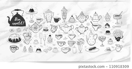 English tea party doodles with sweets and vintage tea set on old paper background. Vector sketch illustration. 110918309