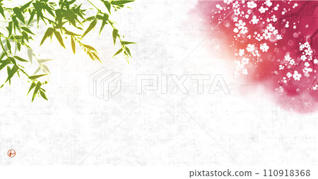 Green bamboo tree and pink sakura bloom on rice paper background. Traditional oriental ink painting sumi-e, u-sin, go-hua. Green bamboo tree and pink sakura bloom on rice paper background. Traditional oriental ink painting sumi-e, u-sin, go-hua. 110918368