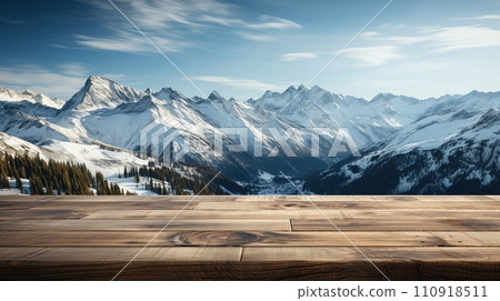 AI-generated content. Polished wooden surface against the background of large snow-capped mountains. Product demonstration. Generative AI AI-generated content. Polished wooden surface against the background of large snow-capped mountains. Product demonstration. Generative AI 110918511