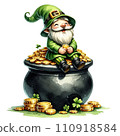 Cute Gnomes St. Patrick's Day gold and pot watercolor on  Isolated On Transparent Background. 110918584