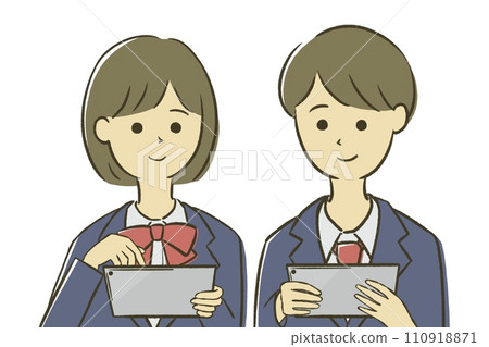 Male and female students using tablets 110918871