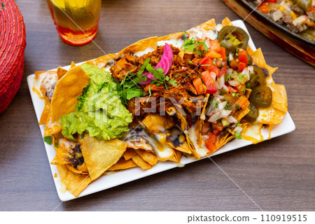 Nachos with meat, vegetables and Guacamole 110919515