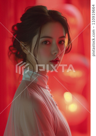 一位穿著奧黛的越南美女正在看著鏡頭（AI 生成的圖像） 110919664