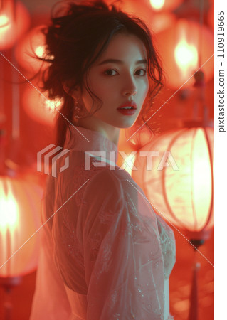 一位穿著奧黛的越南美女正在看著鏡頭（AI 生成的圖像） 110919665