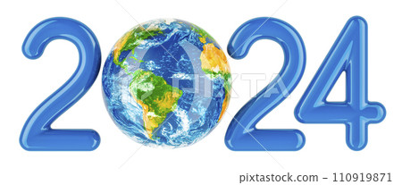 2024 with Earth Globe, 3D rendering 2024 with Earth Globe, 3D rendering 110919871