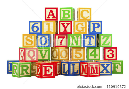 ABC and 123 Wooden Blocks- Alphabet Letters and Numbers Learning Block Set. 3D rendering ABC and 123 Wooden Blocks- Alphabet Letters and Numbers Learning Block Set. 3D rendering 110919872