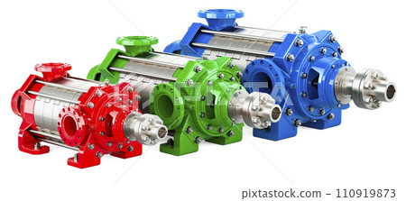 Colored horizontal multistage centrifugal pump with different power, 3D rendering Colored horizontal multistage centrifugal pump with different power, 3D rendering 110919873