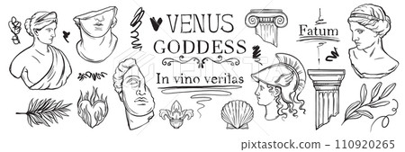 Greek sculpture y2k tattoo sketch set, vector roman goddess statue head doodle drawing ink scribble Greek sculpture y2k tattoo sketch set, vector roman goddess statue head doodle drawing ink scribble 110920265