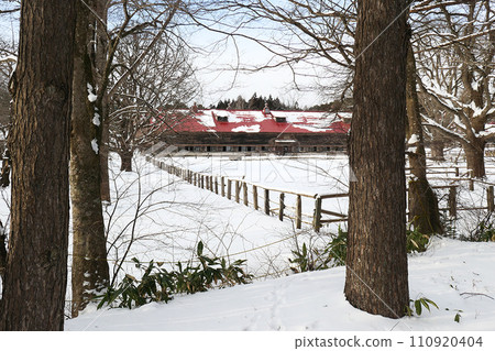Koiwai Farm and ranch fence in the snow, Kamimaru Cowshed, an important cultural property of the country, Koiwai Farm Fuyuno, loved by Kenji Miyazawa Koiwai Farm and ranch fence in the snow, Kamimaru Cowshed, an important cultural property of the country, Koiwai Farm Fuyuno, loved by Kenji Miyazawa 110920404
