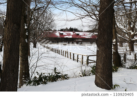 雪中的小岩井農場和牧場柵欄、國家重要文化財產上丸牛棚、宮澤賢治喜愛的小岩井農場冬野 110920405