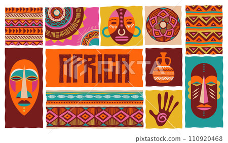 Africa patterned design. African background, banner with tribal traditional grunge pattern, elements Africa patterned design. African background, banner with tribal traditional grunge pattern, elements 110920468