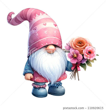 Cute whimsical gnome design elements valentine day watercolor on an On transparent background. Cute whimsical gnome design elements valentine day watercolor on an On transparent background. 110920615