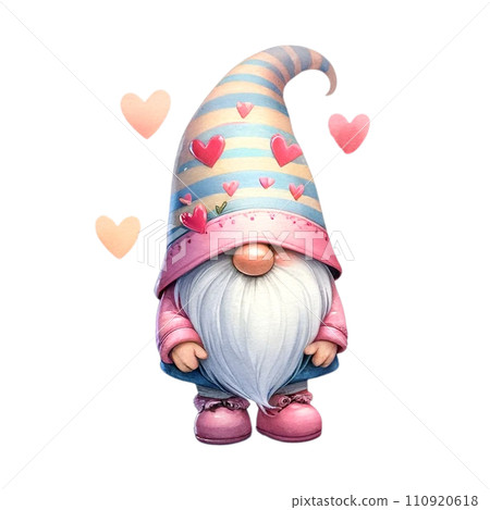 Cute whimsical gnome design elements valentine day watercolor on an On transparent background. Cute whimsical gnome design elements valentine day watercolor on an On transparent background. 110920618