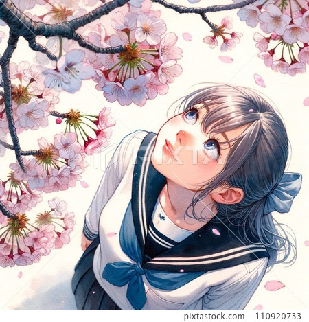 Girl looking up at the cherry blossoms 110920733