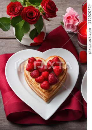Breakfast table setting for saint valentine's day with hearts. Holiday love concept 110920764